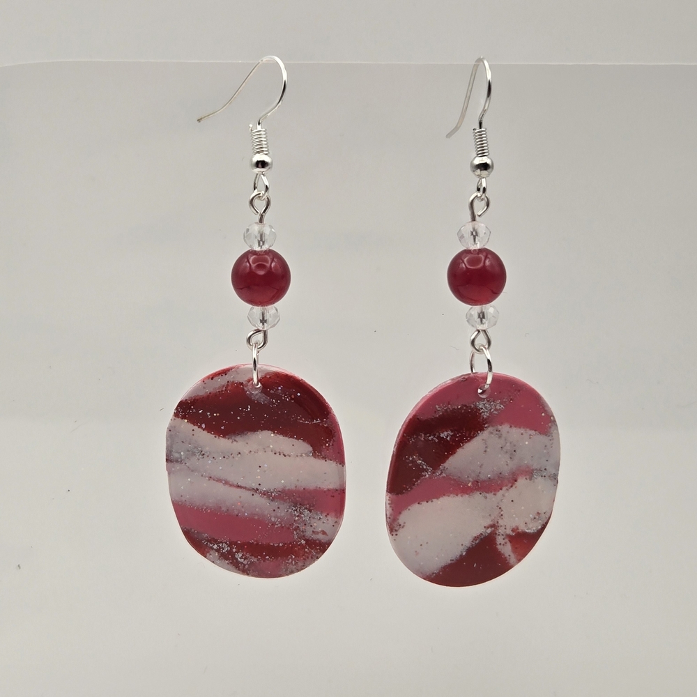 #B44- Chic Red and White Swirl Earrings